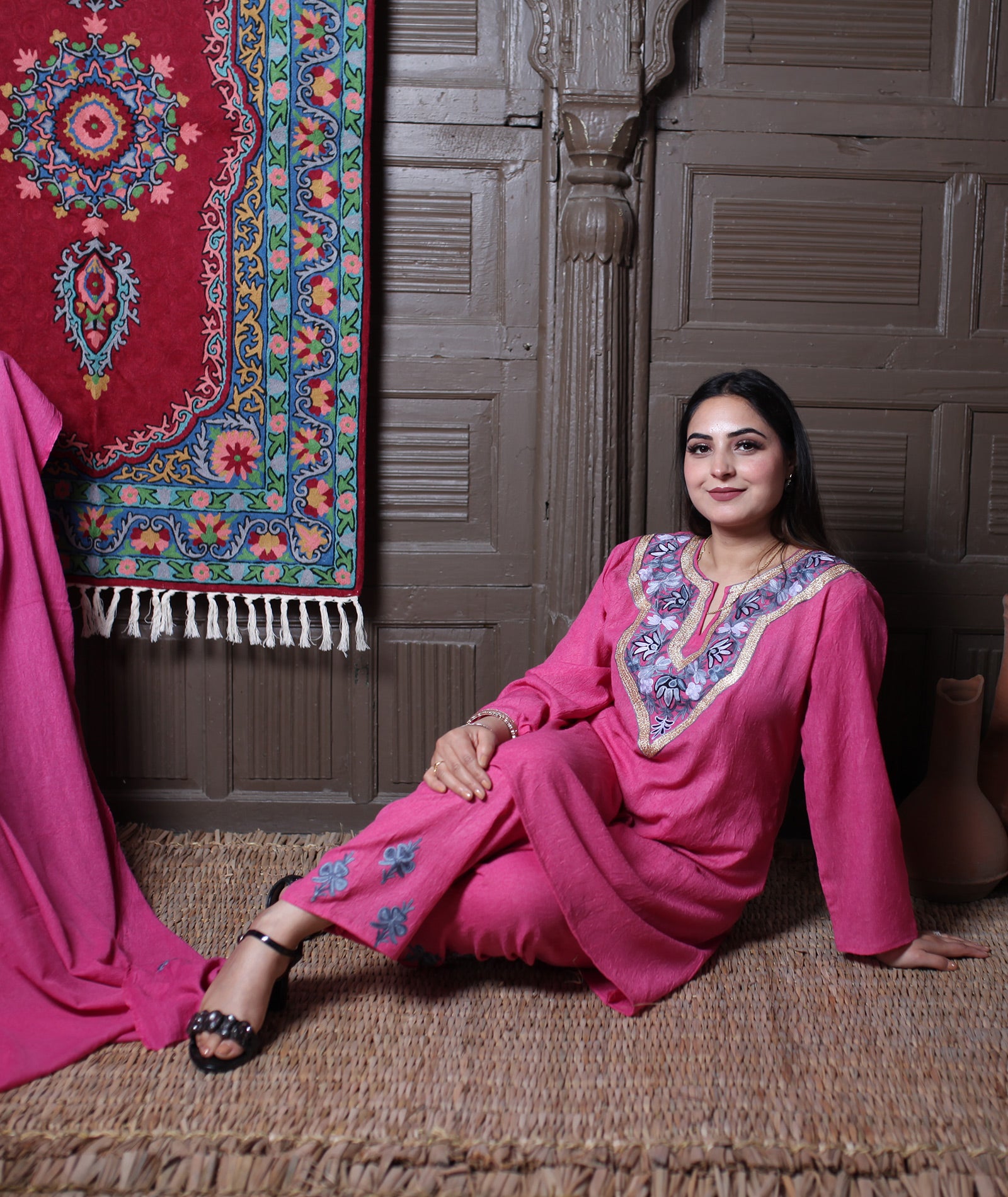 Dusty Pink Zari & Aari Embroidered Kashmiri Cotton Co ord set Suit With Dupatta