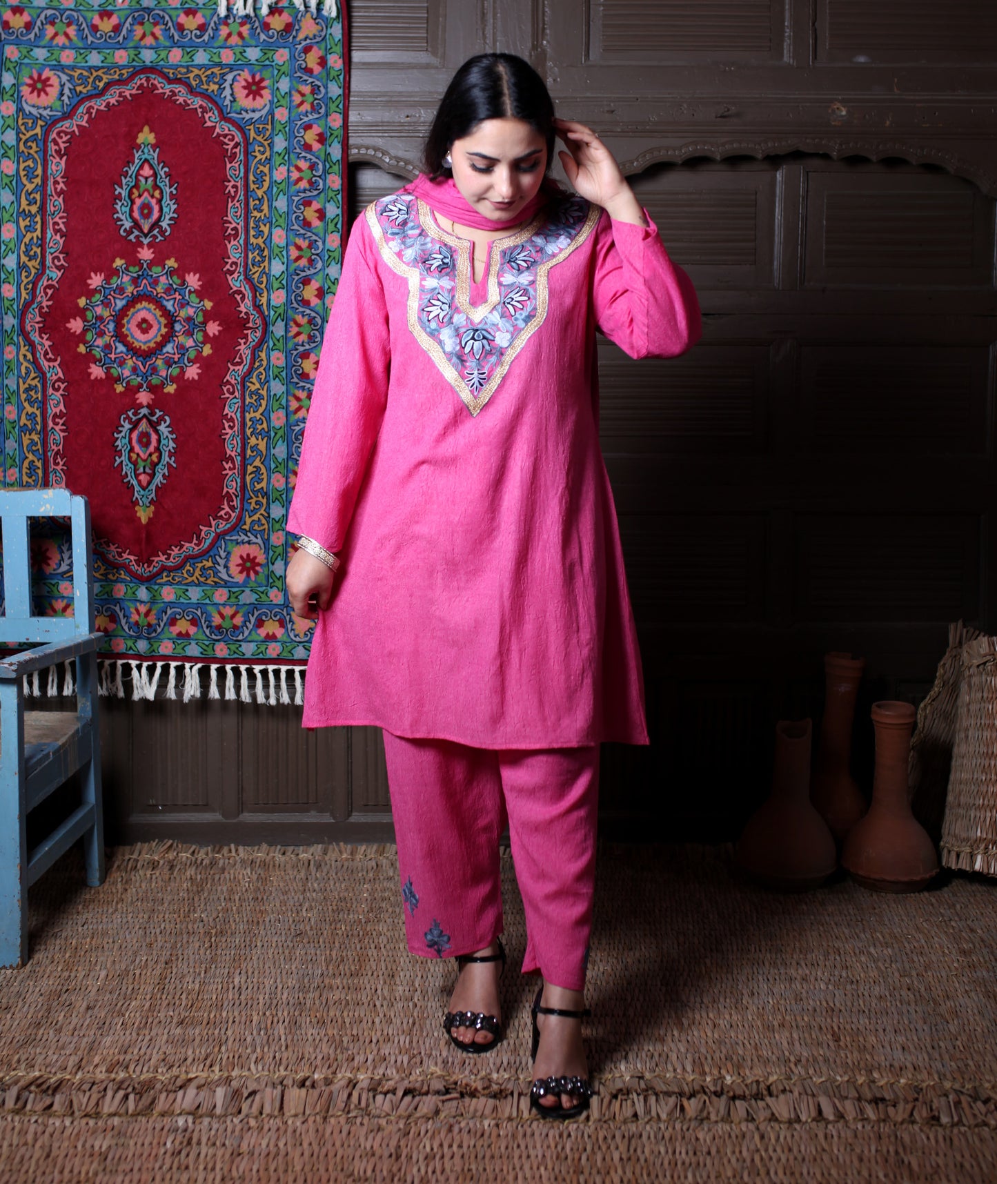 Dusty Pink Zari & Aari Embroidered Kashmiri Cotton Co ord set Suit With Dupatta