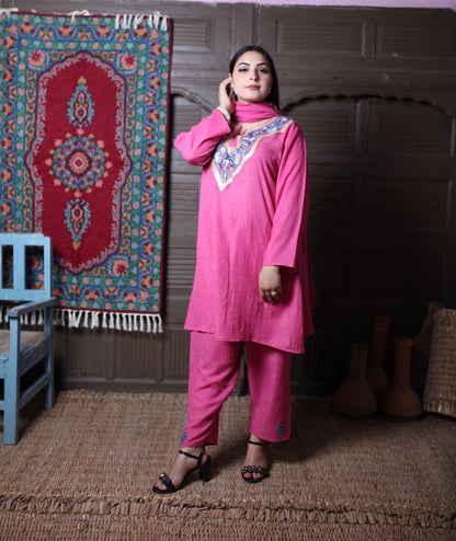 Dusty Pink Zari & Aari Embroidered Kashmiri Cotton Co ord set Suit With Dupatta