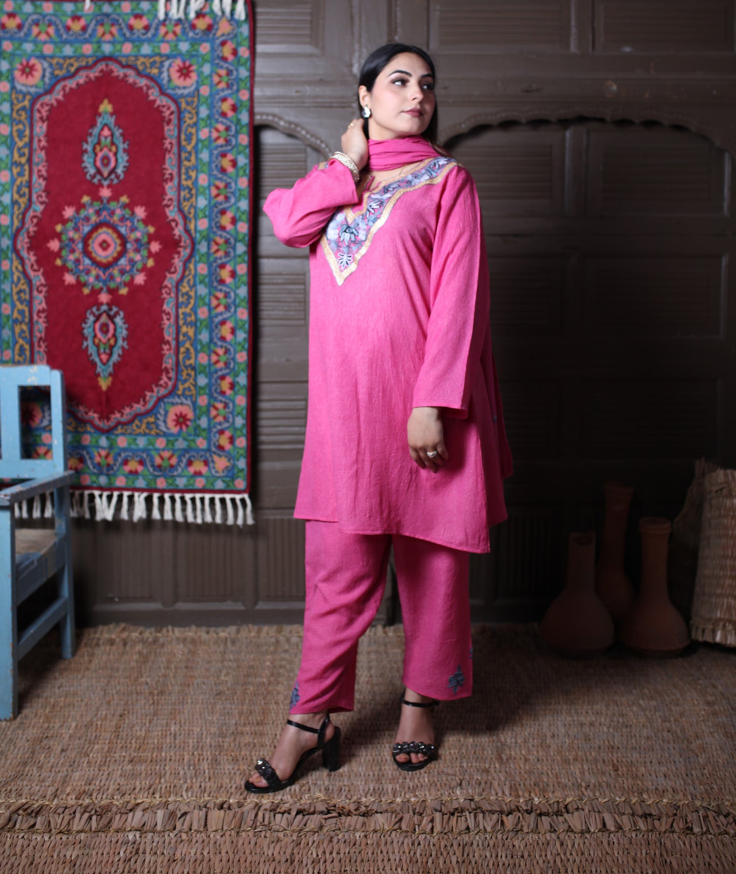 Dusty Pink Zari & Aari Embroidered Kashmiri Cotton Co ord set Suit With Dupatta