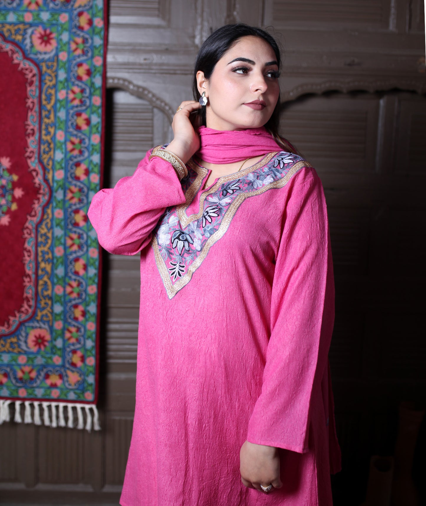 Dusty Pink Zari & Aari Embroidered Kashmiri Cotton Co ord set Suit With Dupatta
