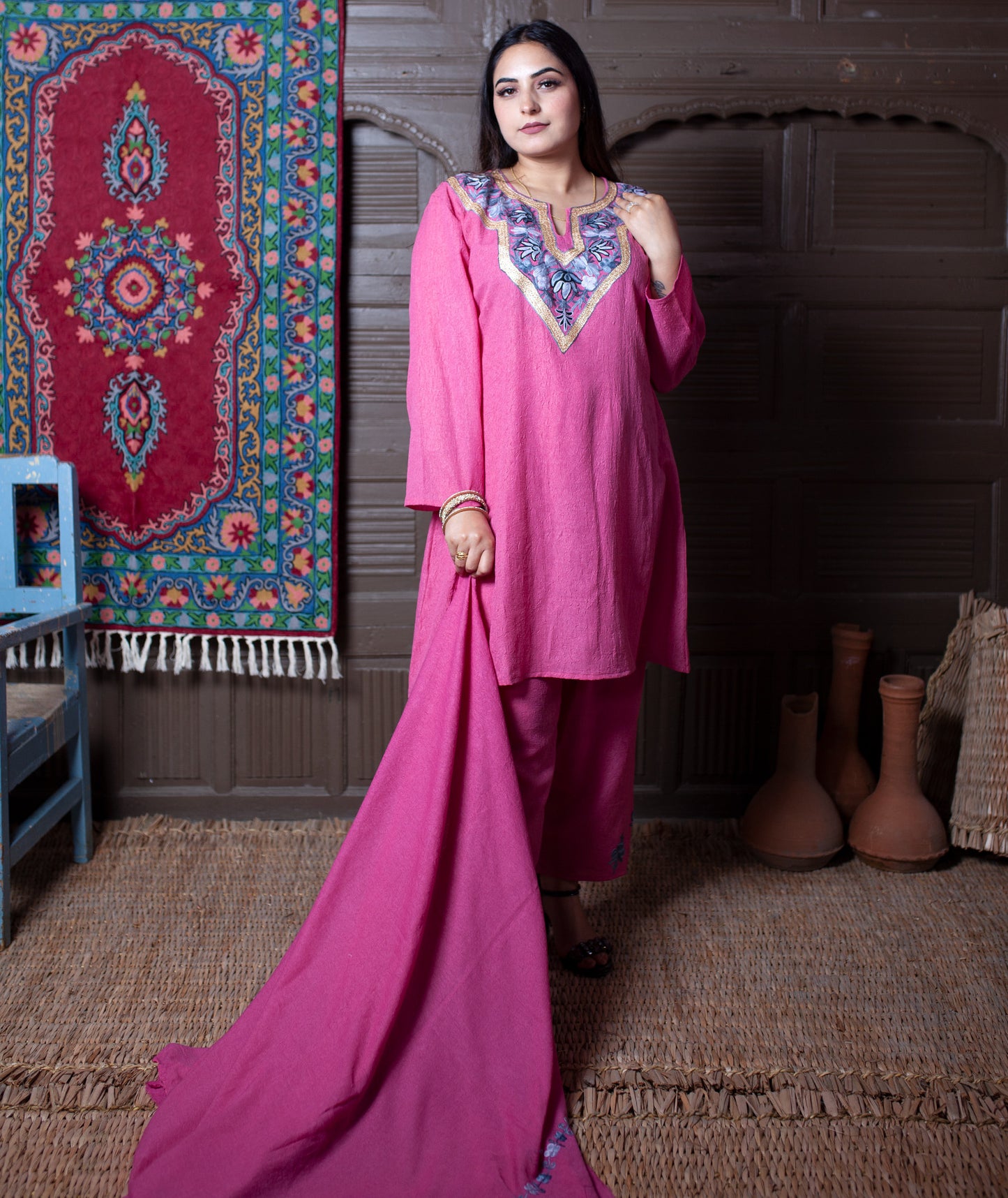 Dusty Pink Zari & Aari Embroidered Kashmiri Cotton Co ord set Suit With Dupatta