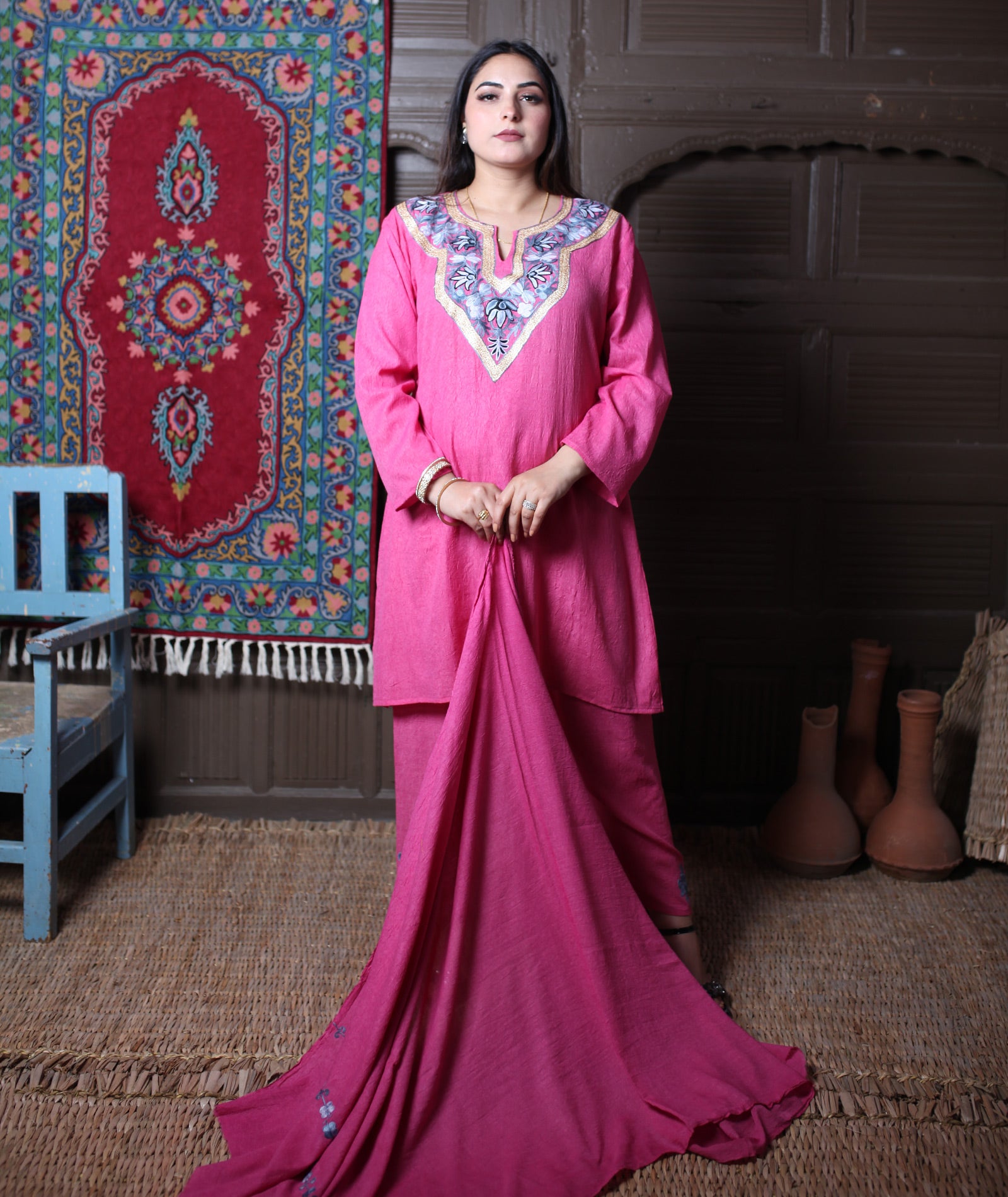 Dusty Pink Zari & Aari Embroidered Kashmiri Cotton Co ord set Suit With Dupatta