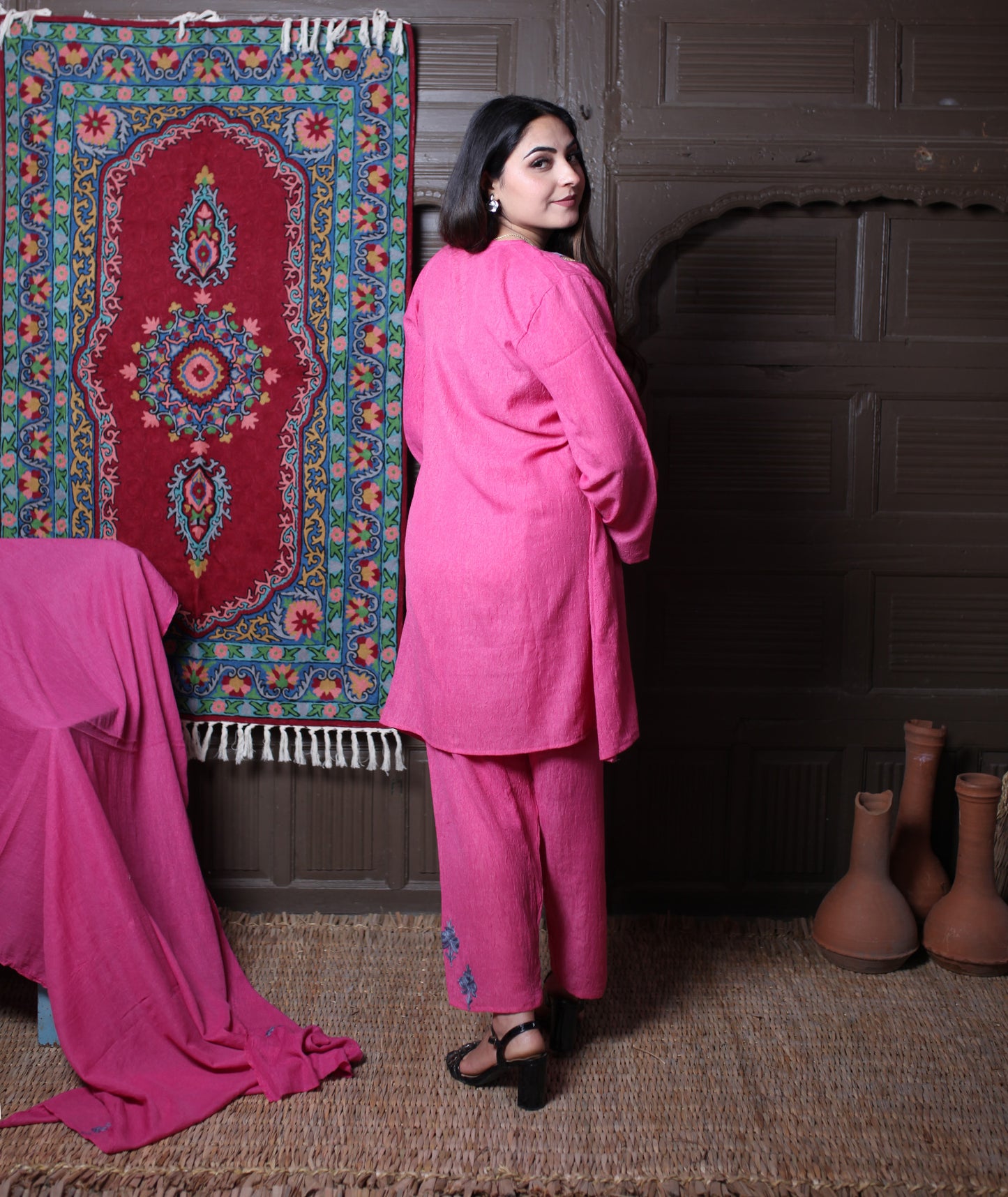 Dusty Pink Zari & Aari Embroidered Kashmiri Cotton Co ord set Suit With Dupatta