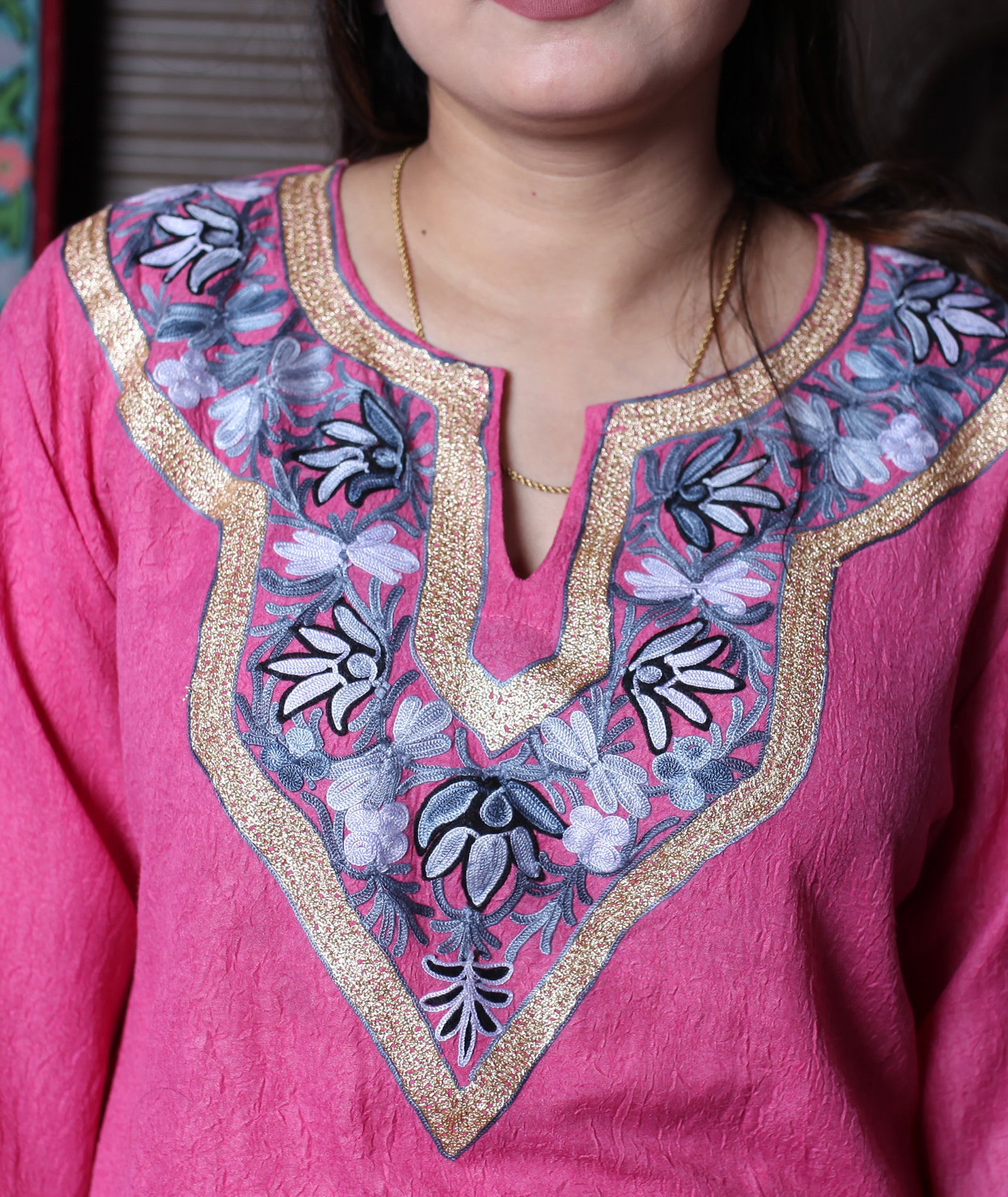 Dusty Pink Zari & Aari Embroidered Kashmiri Cotton Co ord set Suit With Dupatta