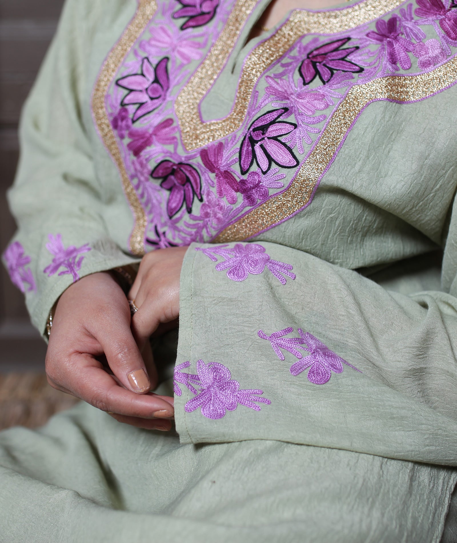 Pista Green Aari & Zari Embroidered Kashmiri Cotton Co-ord set Suit With Dupatta
