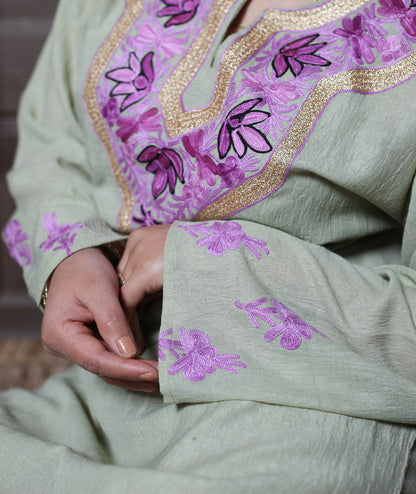 Pista Green Aari & Zari Embroidered Kashmiri Cotton Co-ord set Suit With Dupatta