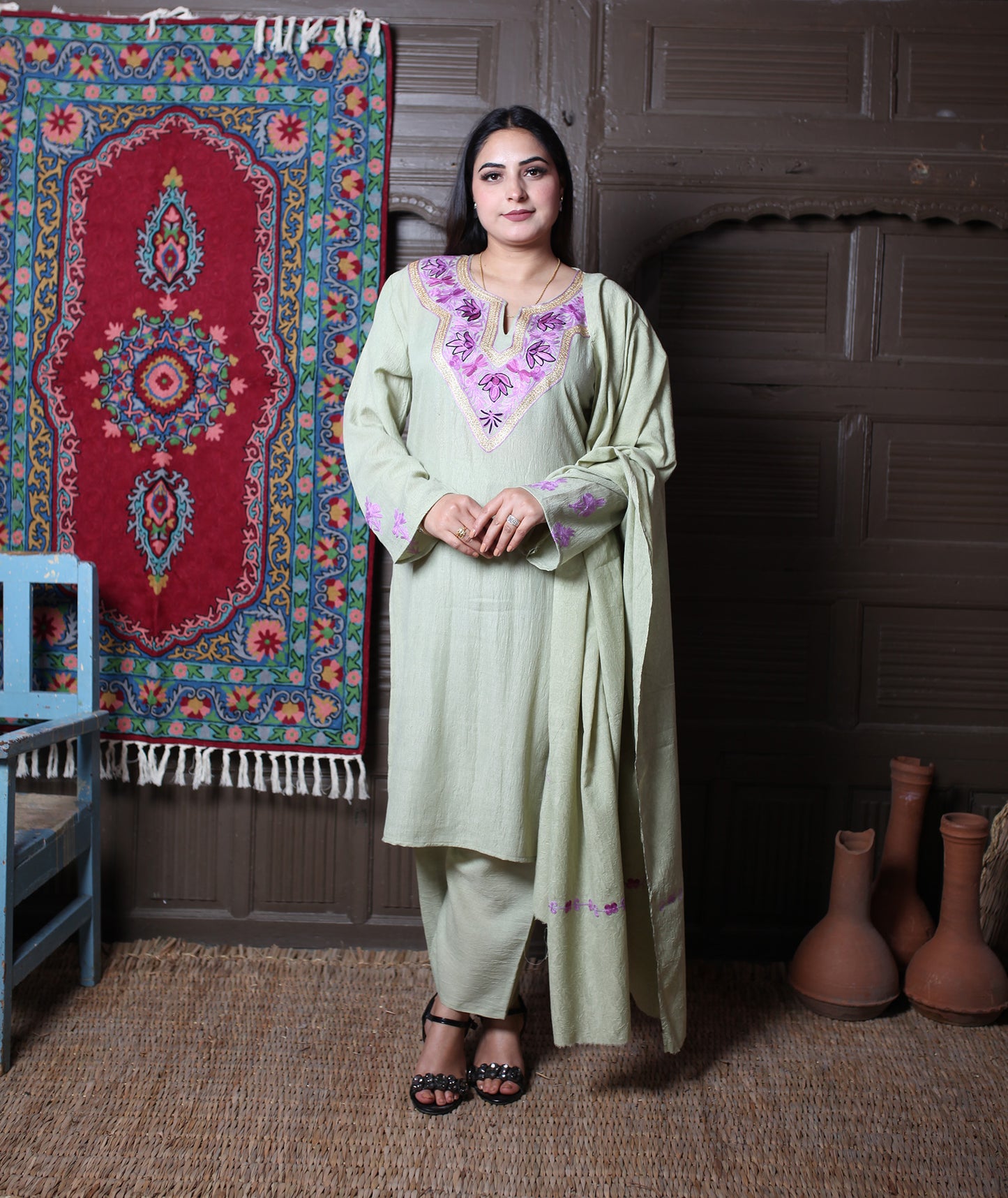 Pista Green Aari & Zari Embroidered Kashmiri Cotton Co-ord set Suit With Dupatta