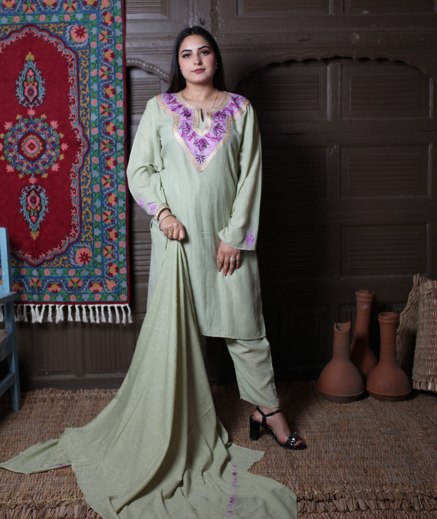 Pista Green Aari & Zari Embroidered Kashmiri Cotton Co-ord set Suit With Dupatta