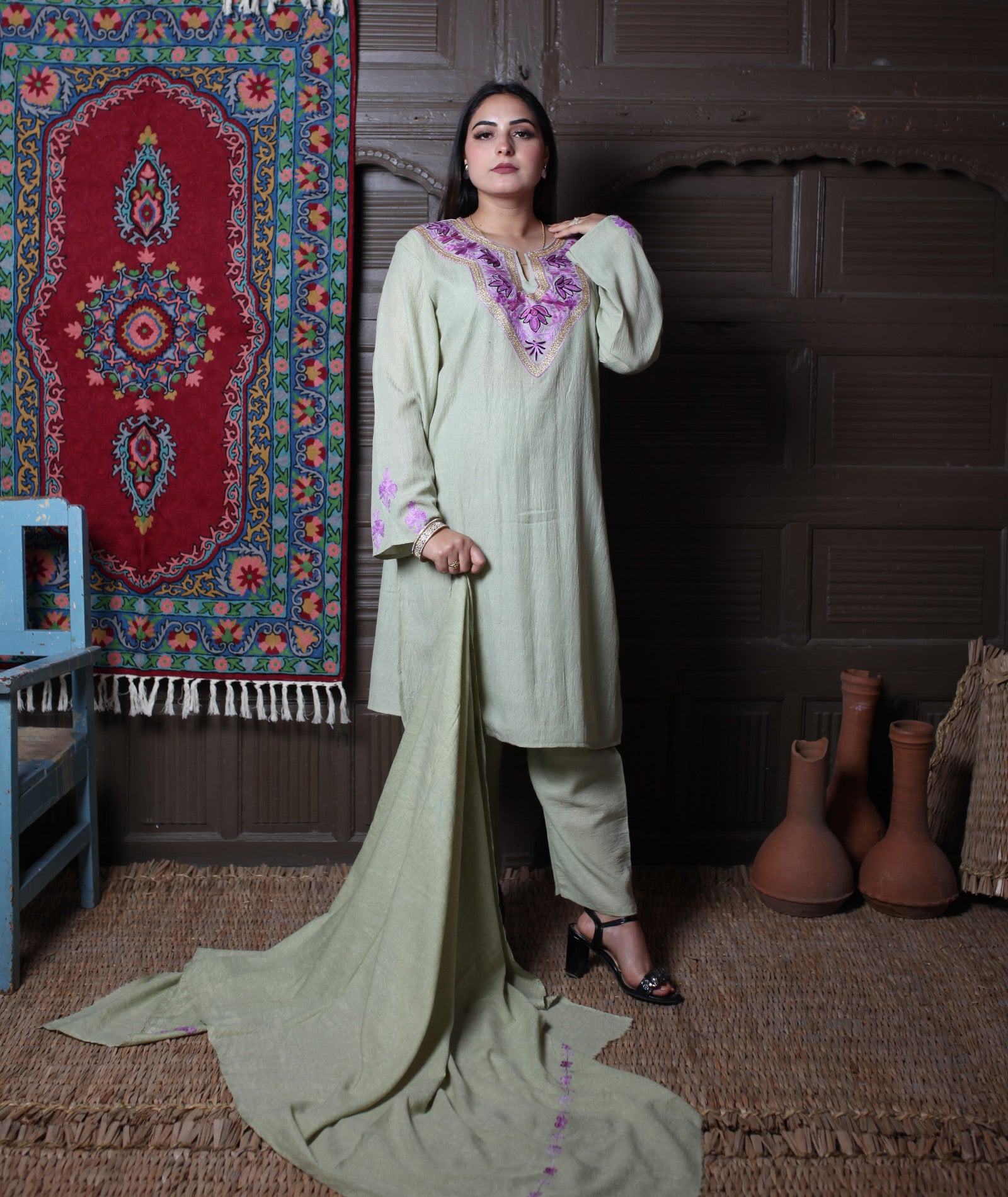 Pista Green Aari & Zari Embroidered Kashmiri Cotton Co-ord set Suit With Dupatta