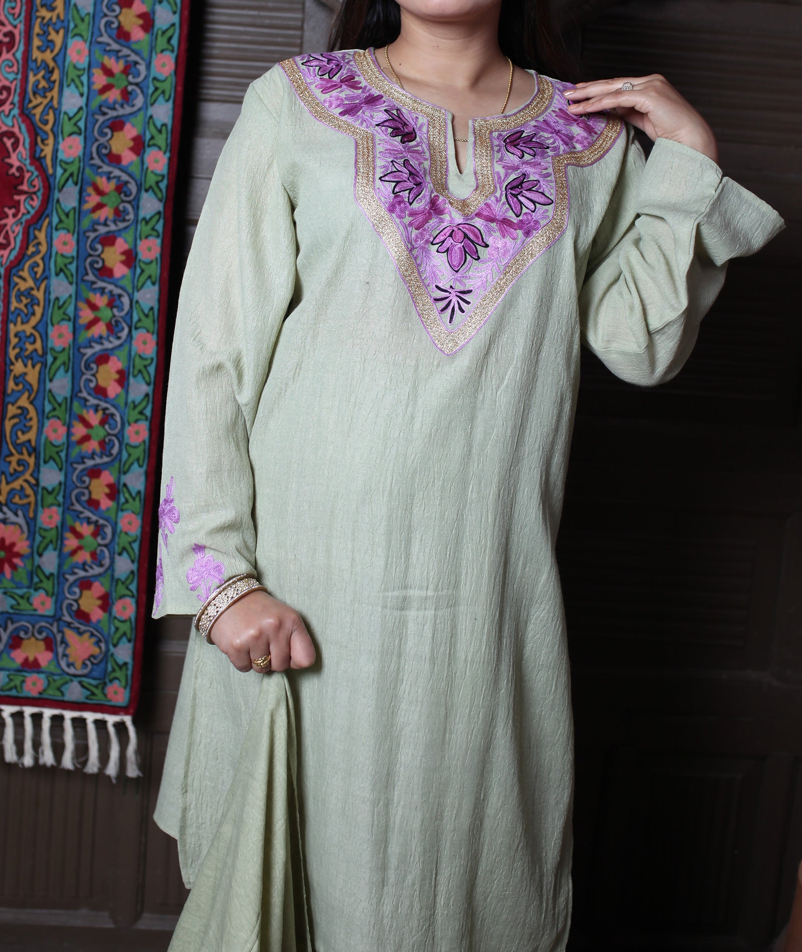 Pista Green Aari & Zari Embroidered Kashmiri Cotton Co-ord set Suit With Dupatta