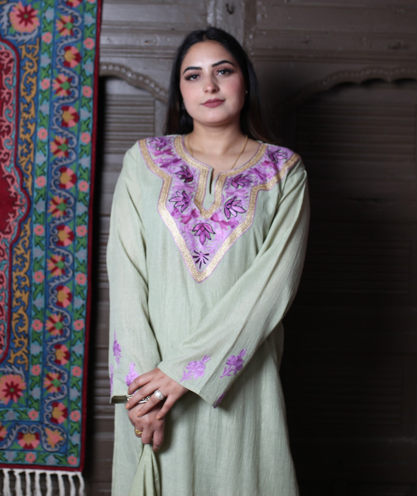 Pista Green Aari & Zari Embroidered Kashmiri Cotton Co-ord set Suit With Dupatta