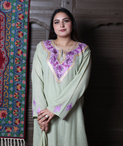 Pista Green Aari & Zari Embroidered Kashmiri Cotton Co-ord set Suit With Dupatta