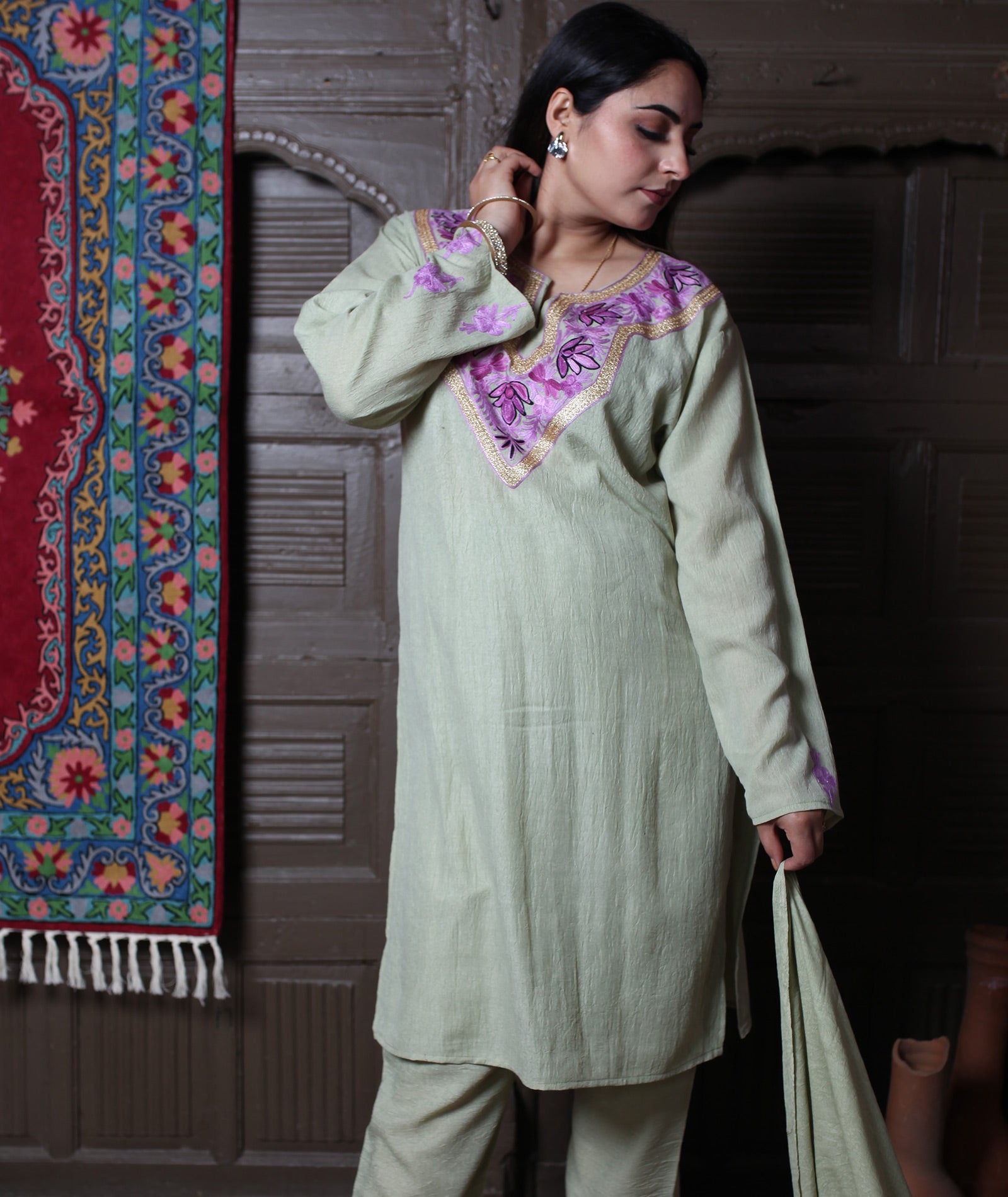 Pista Green Aari & Zari Embroidered Kashmiri Cotton Co-ord set Suit With Dupatta