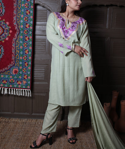Pista Green Aari & Zari Embroidered Kashmiri Cotton Co-ord set Suit With Dupatta