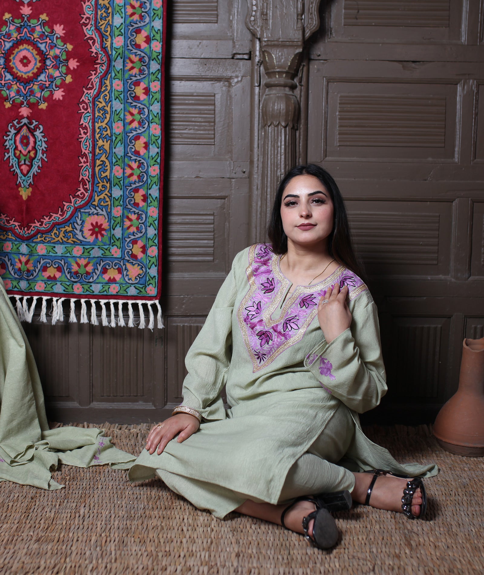 Pista Green Aari & Zari Embroidered Kashmiri Cotton Co-ord set Suit With Dupatta