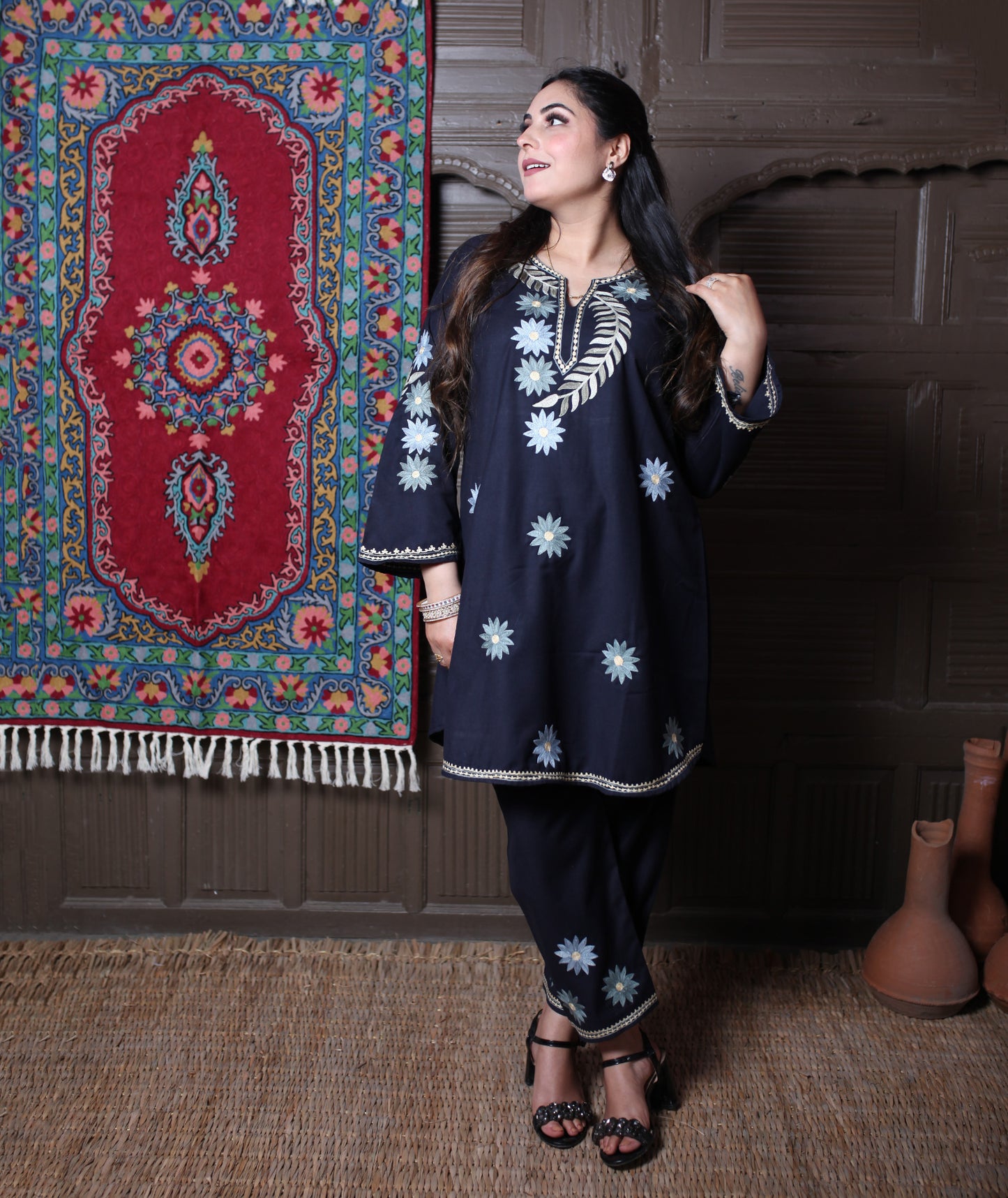 Black Aari Daisy Floral Embroidered Kashmiri Cotton Co-Ord Set
