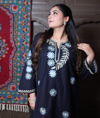 Black Aari Daisy Floral Embroidered Kashmiri Cotton Co-Ord Set