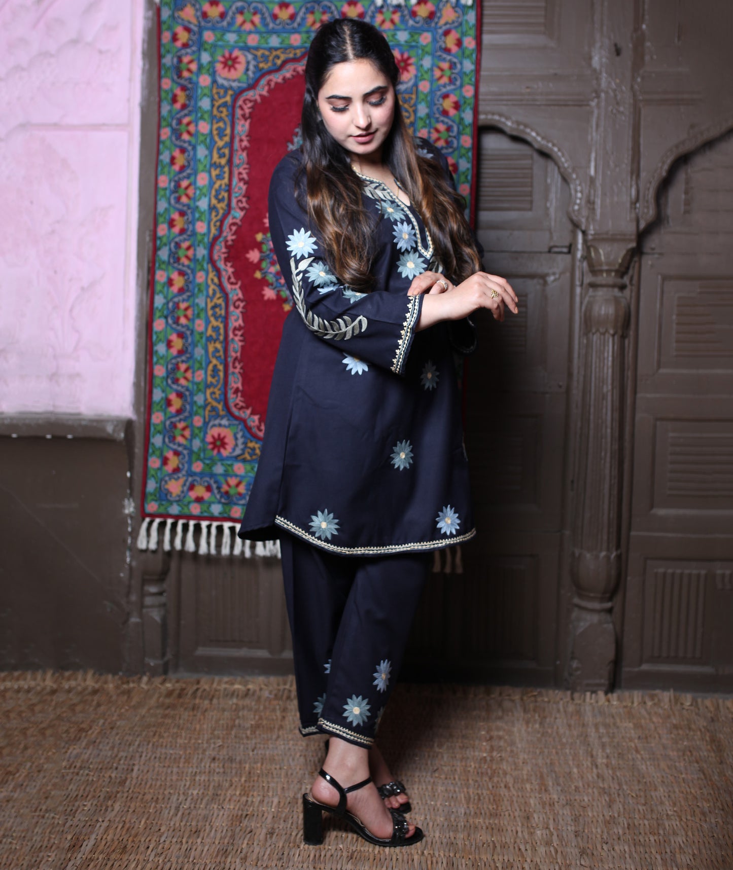 Black Aari Daisy Floral Embroidered Kashmiri Cotton Co-Ord Set