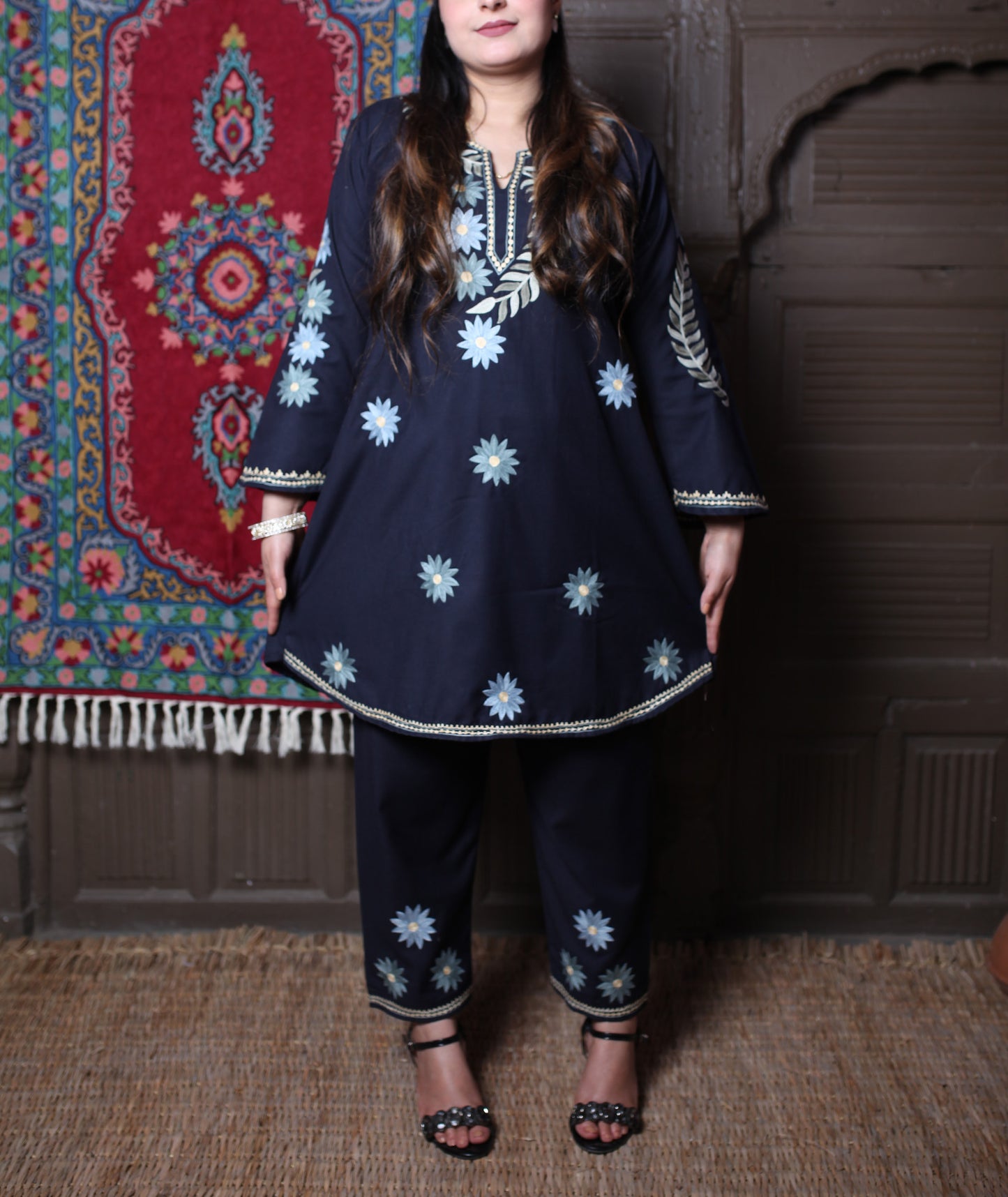 Black Aari Daisy Floral Embroidered Kashmiri Cotton Co-Ord Set