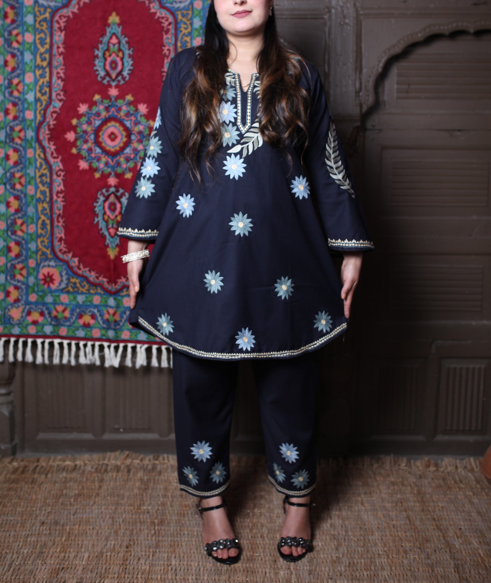 Black Aari Daisy Floral Embroidered Kashmiri Cotton Co-Ord Set