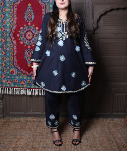 Black Aari Daisy Floral Embroidered Kashmiri Cotton Co-Ord Set