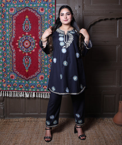 Navy Blue Aari Floral Star Embroidered Kashmiri Cotton Co-Ord Set