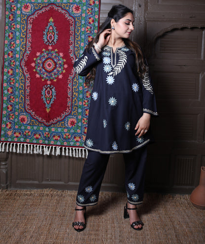 Navy Blue Aari Floral Star Embroidered Kashmiri Cotton Co-Ord Set