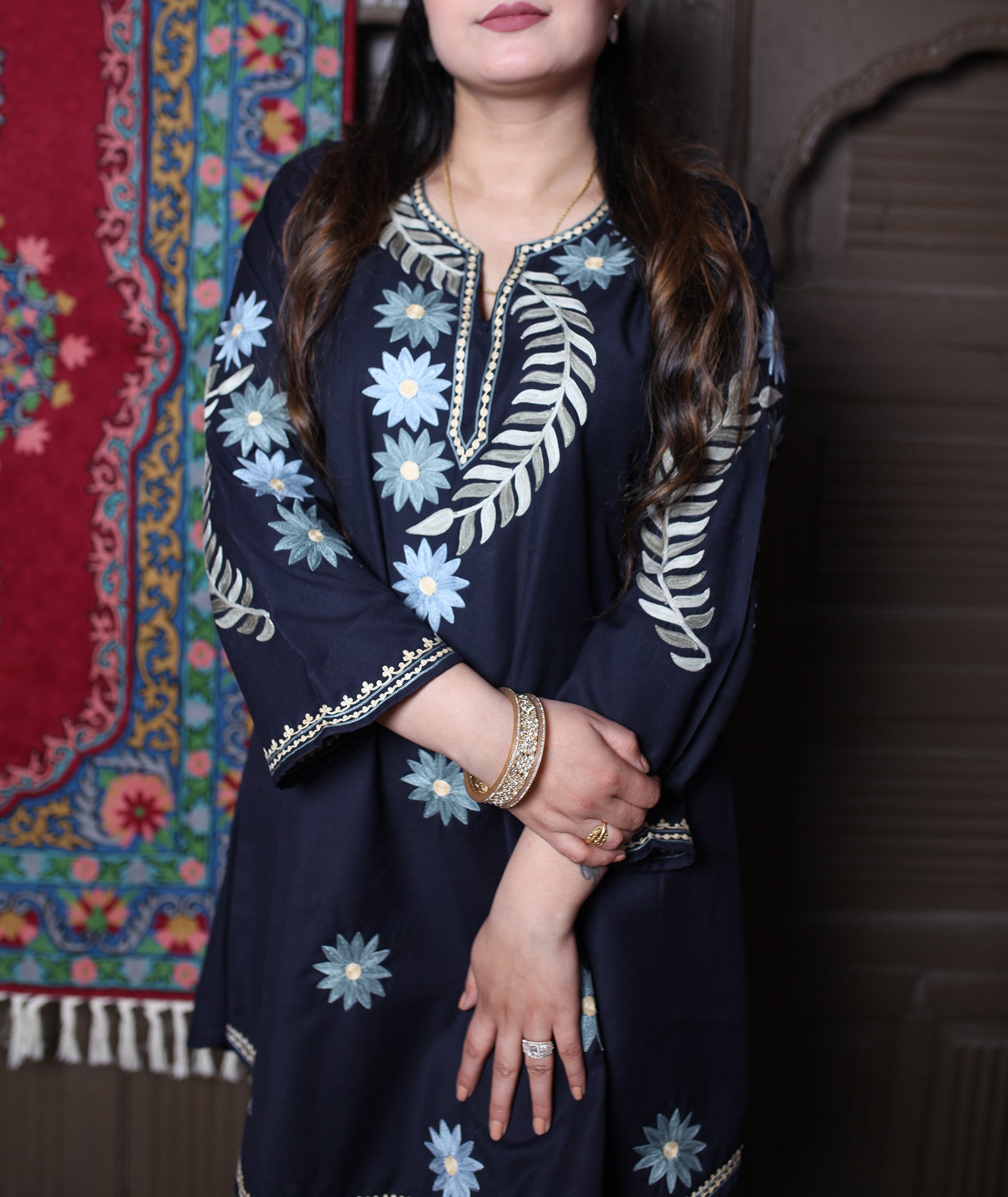 Black Aari Daisy Floral Embroidered Kashmiri Cotton Co-Ord Set
