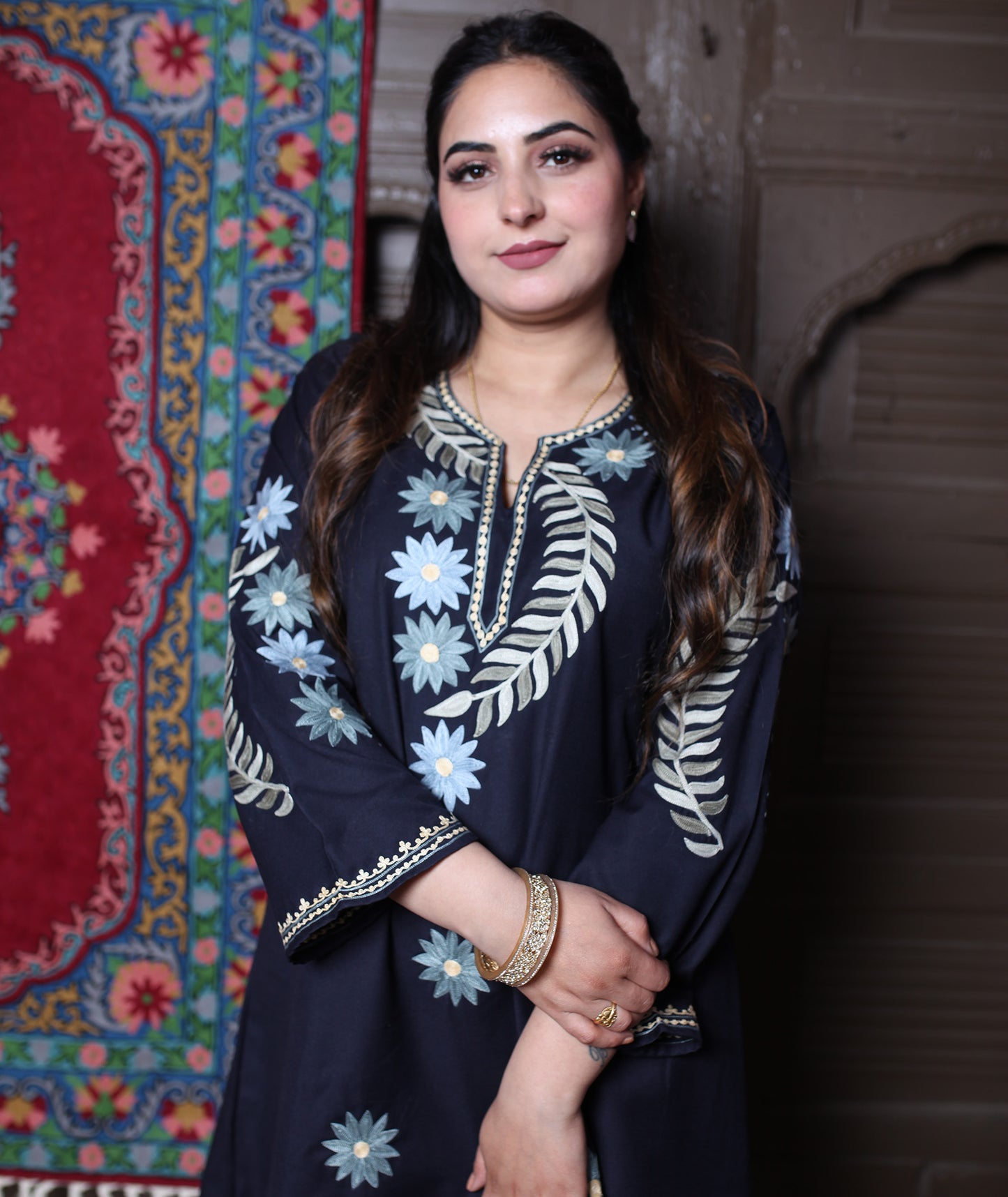 Navy Blue Aari Floral Star Embroidered Kashmiri Cotton Co-Ord Set