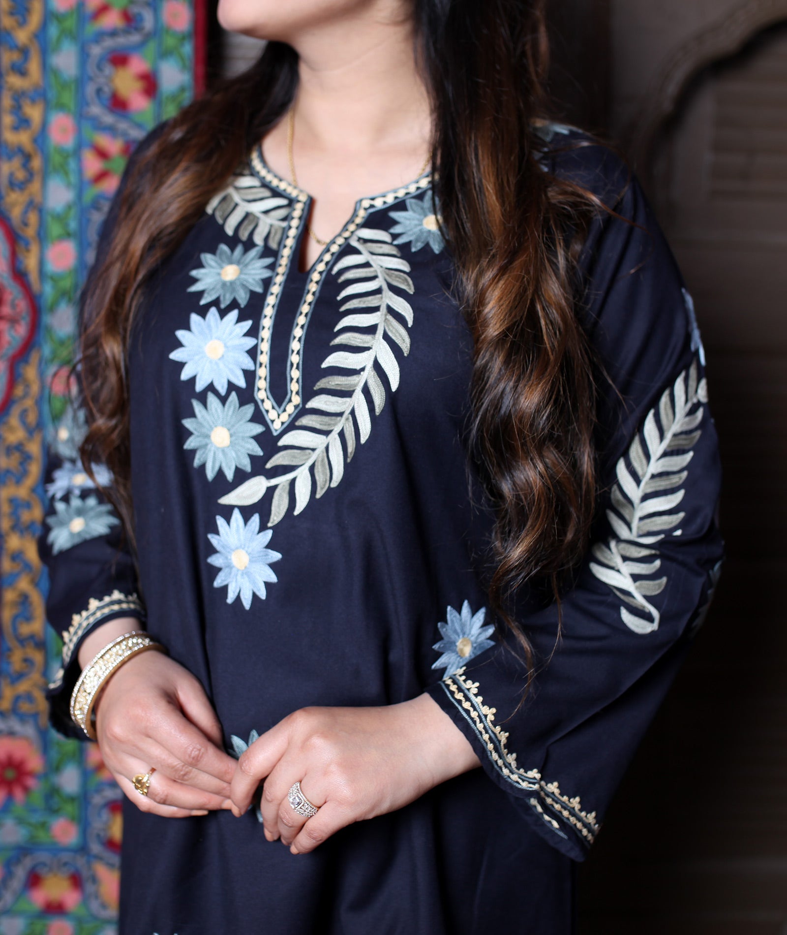 Black Aari Daisy Floral Embroidered Kashmiri Cotton Co-Ord Set