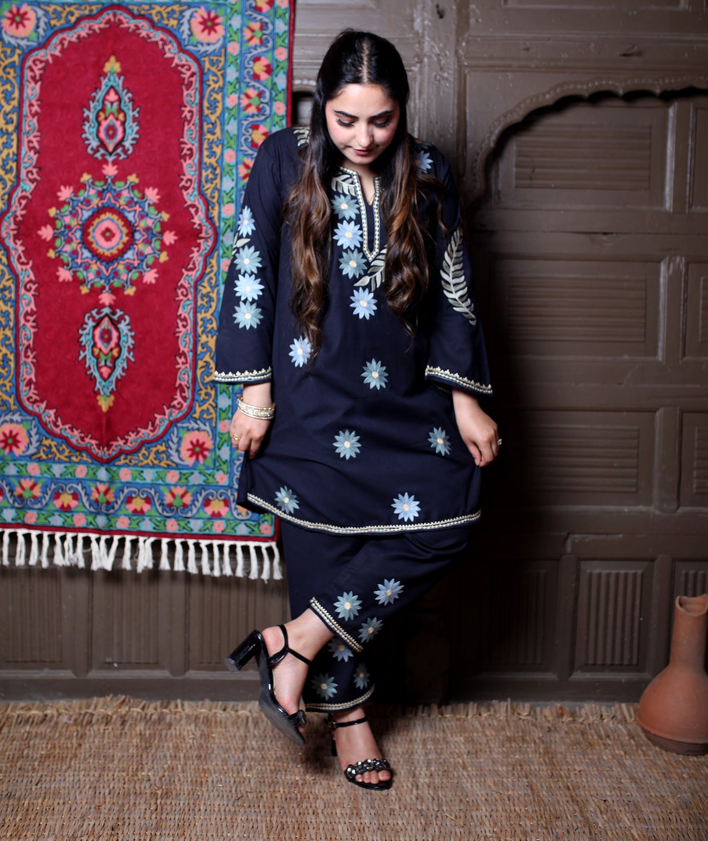 Navy Blue Aari Floral Star Embroidered Kashmiri Cotton Co-Ord Set