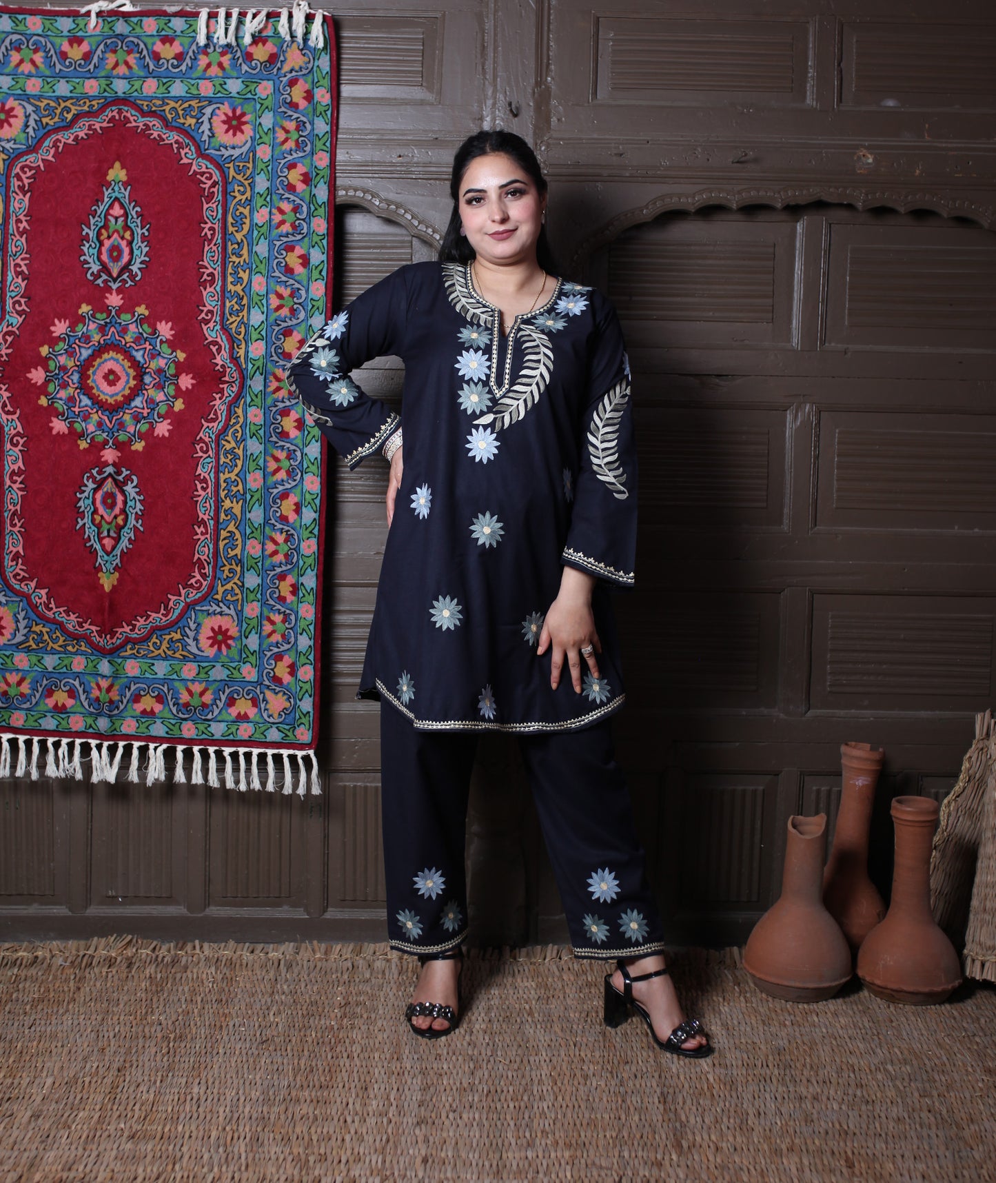 Black Aari Daisy Floral Embroidered Kashmiri Cotton Co-Ord Set