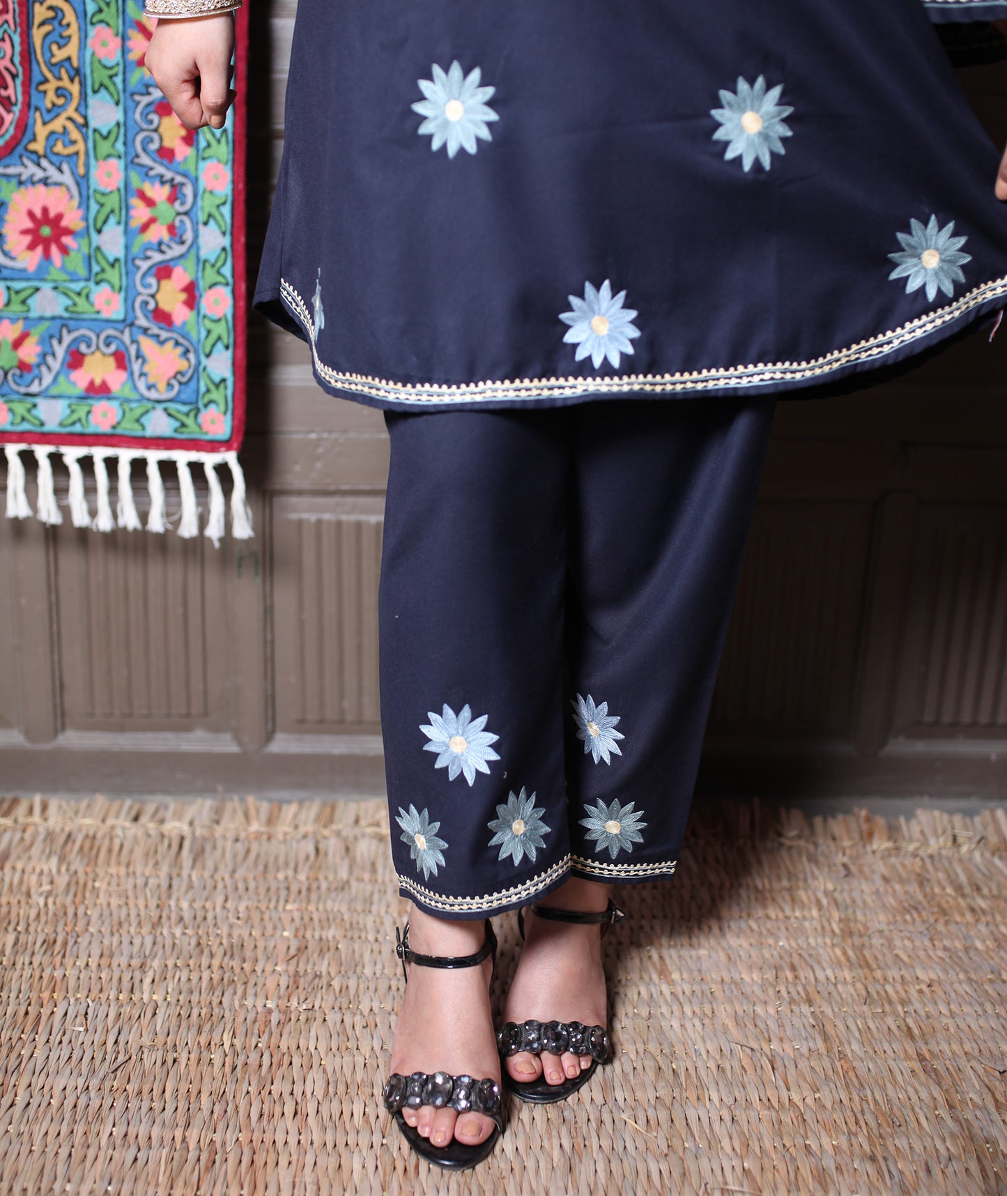 Black Aari Daisy Floral Embroidered Kashmiri Cotton Co-Ord Set
