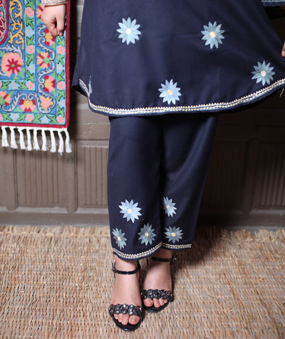 Navy Blue Aari Floral Star Embroidered Kashmiri Cotton Co-Ord Set