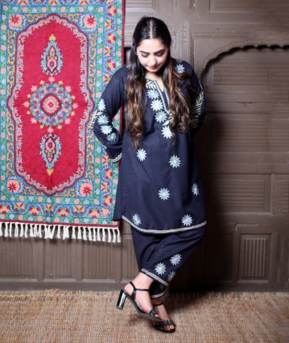 Black Aari Daisy Floral Embroidered Kashmiri Cotton Co-Ord Set