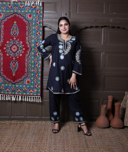 Navy Blue Aari Floral Star Embroidered Kashmiri Cotton Co-Ord Set