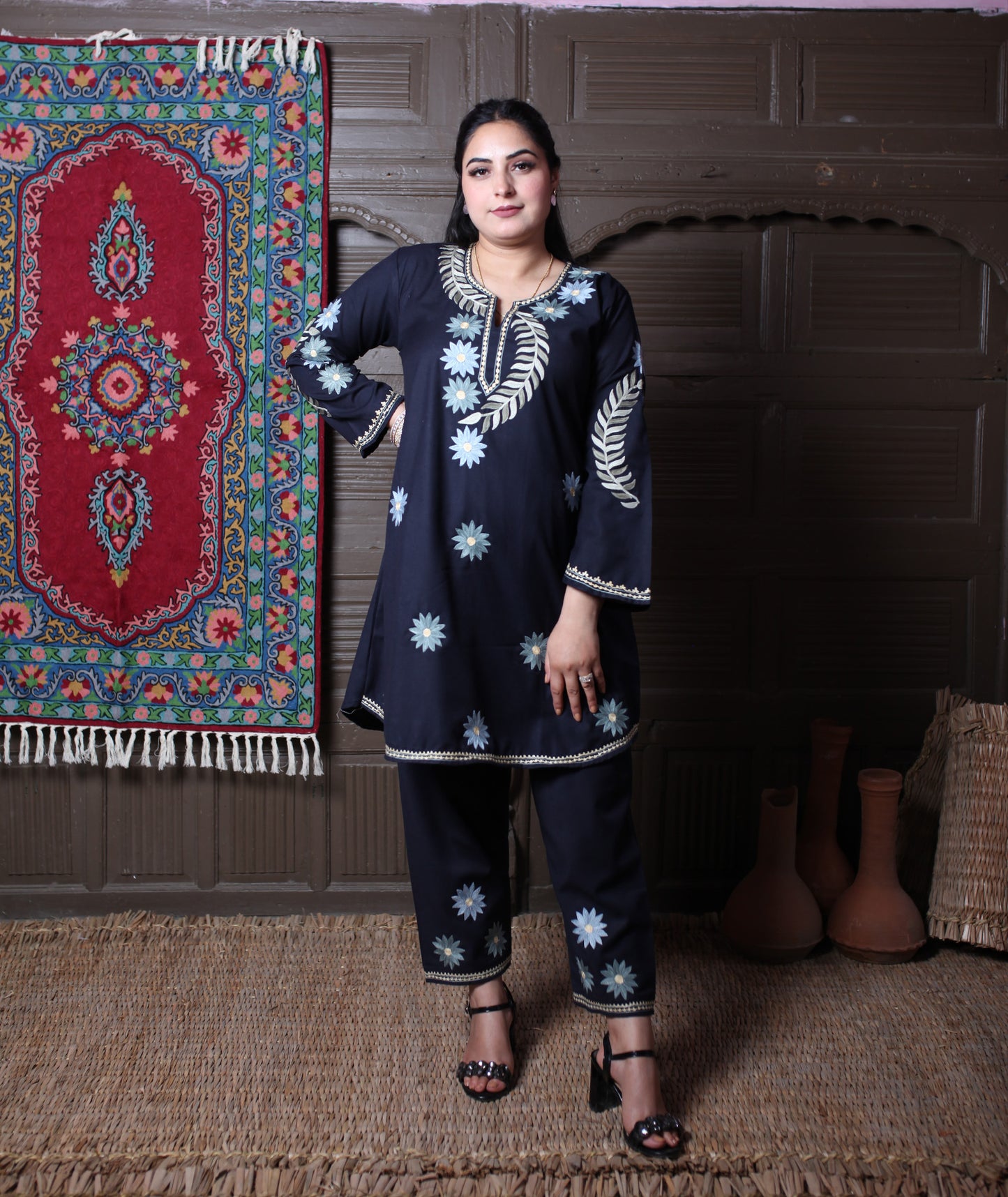 Navy Blue Aari Floral Star Embroidered Kashmiri Cotton Co-Ord Set