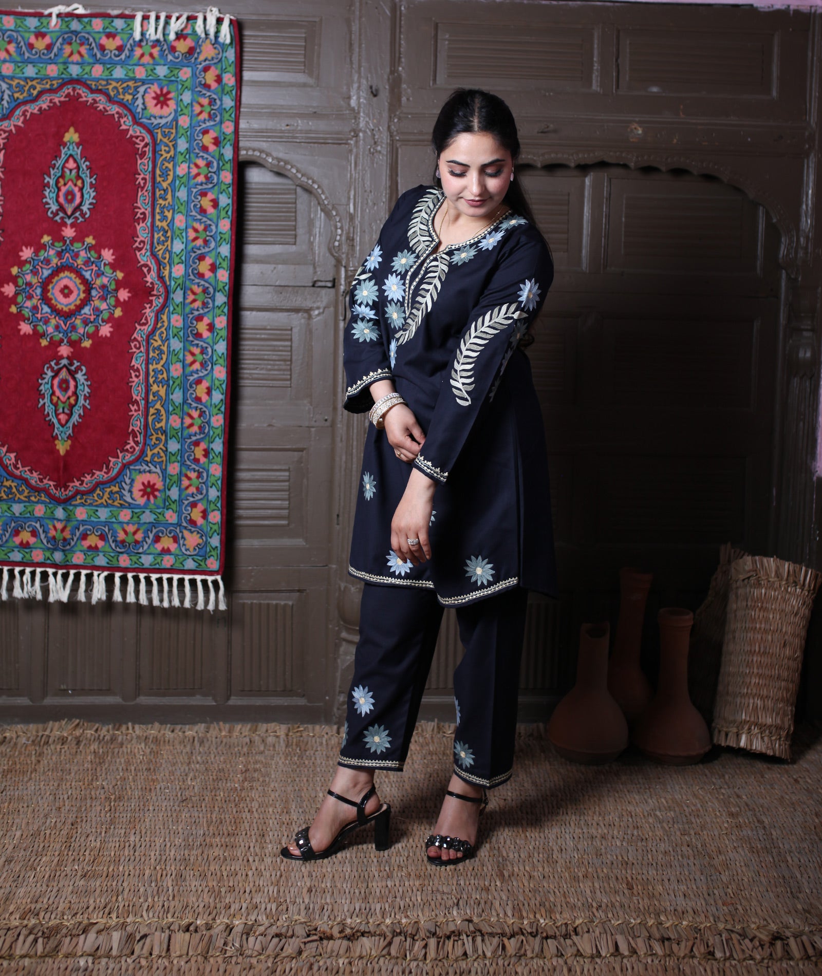 Black Aari Daisy Floral Embroidered Kashmiri Cotton Co-Ord Set