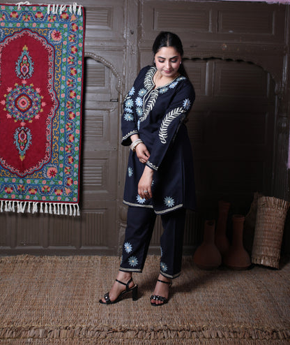 Black Aari Daisy Floral Embroidered Kashmiri Cotton Co-Ord Set