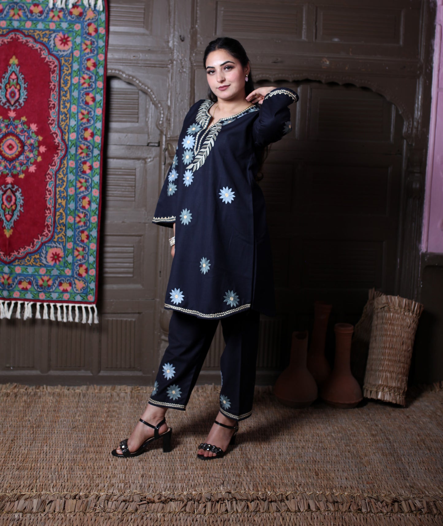 Navy Blue Aari Floral Star Embroidered Kashmiri Cotton Co-Ord Set