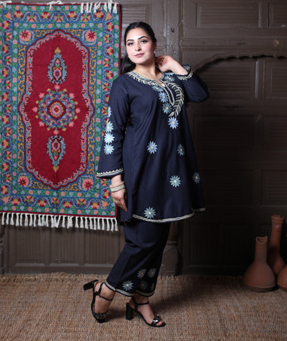 Navy Blue Aari Floral Star Embroidered Kashmiri Cotton Co-Ord Set