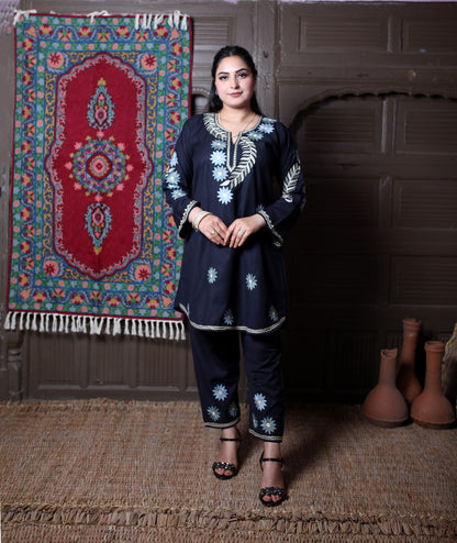 Black Aari Daisy Floral Embroidered Kashmiri Cotton Co-Ord Set