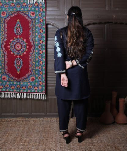 Navy Blue Aari Floral Star Embroidered Kashmiri Cotton Co-Ord Set