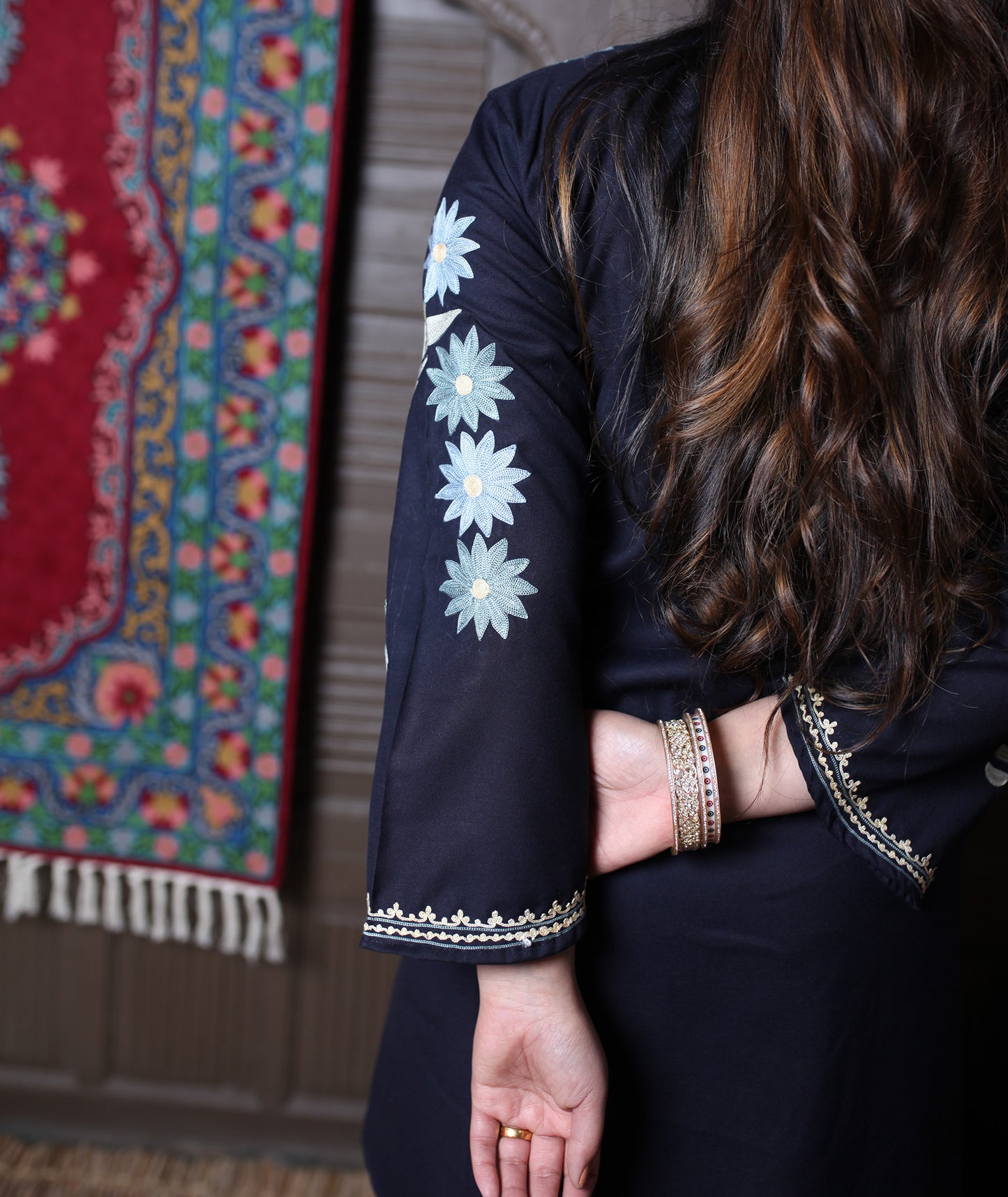Black Aari Daisy Floral Embroidered Kashmiri Cotton Co-Ord Set