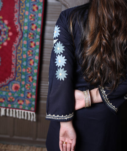 Navy Blue Aari Floral Star Embroidered Kashmiri Cotton Co-Ord Set