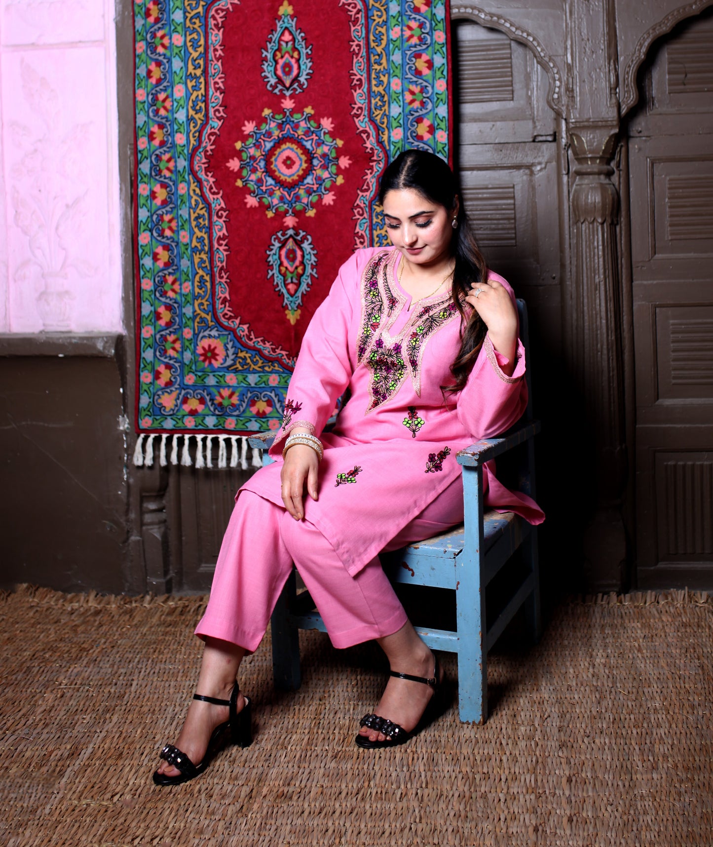 Pink Aari & Zari Multicolour Embroidered Kashmiri Cotton Co-Ord Set