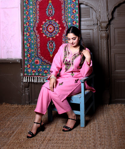 Pink Aari & Zari Multicolour Embroidered Kashmiri Cotton Co-Ord Set