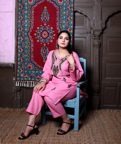 Pink Aari & Zari Multicolour Embroidered Kashmiri Cotton Co-Ord Set