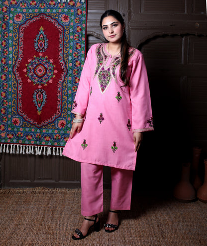 Pink Aari & Zari Multicolour Embroidered Kashmiri Cotton Co-Ord Set